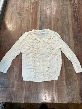 Design History Vintage Cream Ruffle Front Rayon/Cotton Cardigan